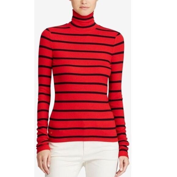 Lauren Ralph Lauren Striped Cotton Blend Ribbed Turtleneck Sweater Red Size 3X - Picture 1 of 8